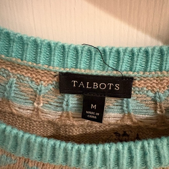 Talbots Teal Lambswool Knit Fair Isle Snow Bird Sweater Size M - Picture 4 of 5